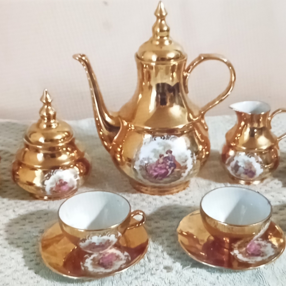 Luxurious Vintage Gold Tea Set with garden floral Accents
